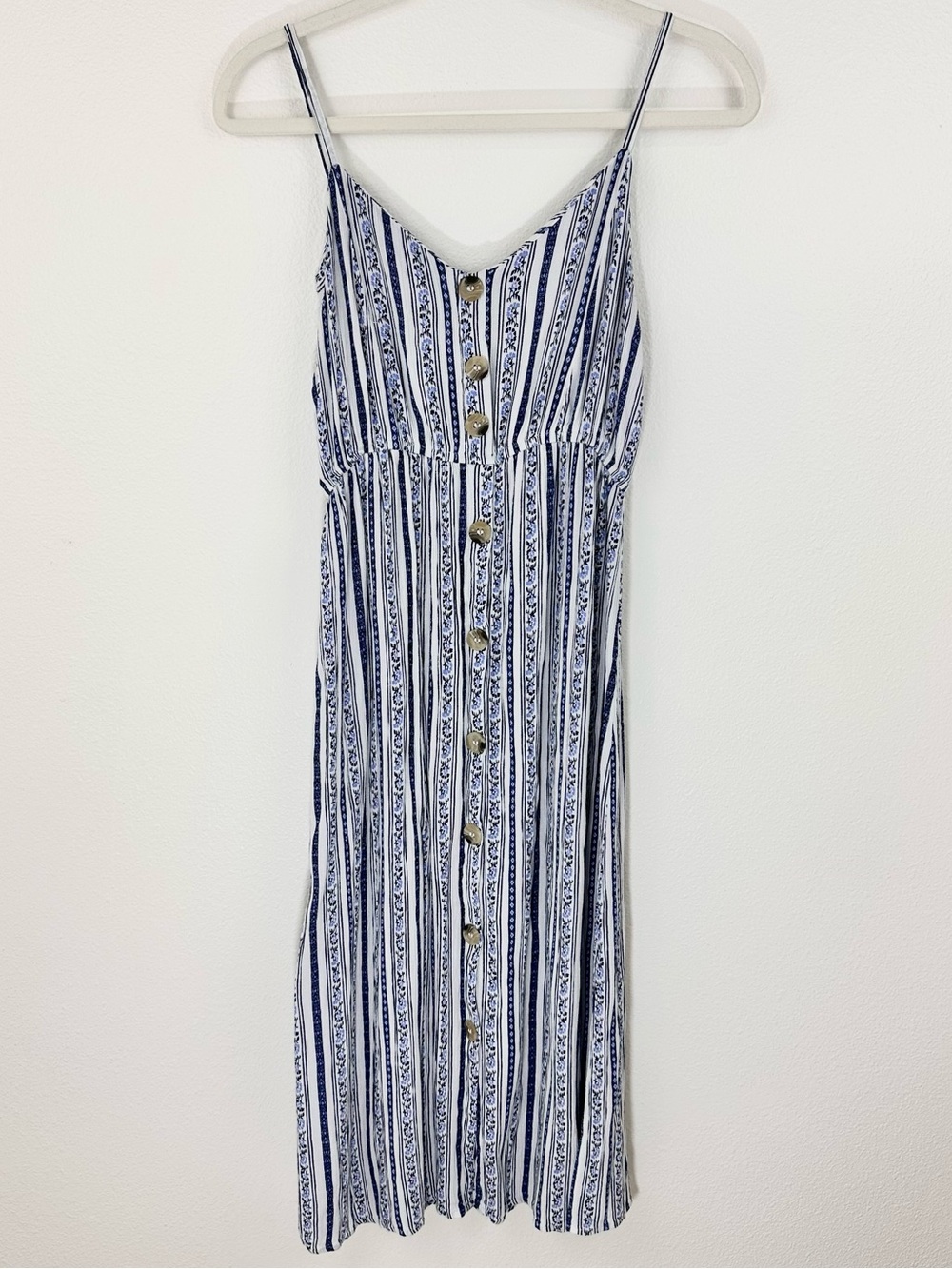 Hint of Blush Striped Floral Print Dress Medium Boho Cottagecore Midi